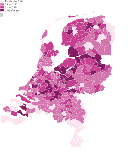 Aandeel jongeren (0 tot 18 jaar) in de totale bevolking per gemeente, 2015