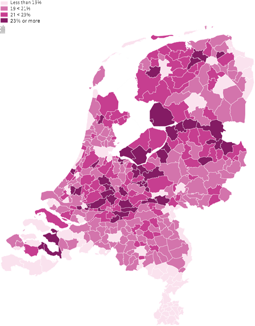 Percentage share of young people (0 to 18 years) in the total Dutch population by municipality, 2015