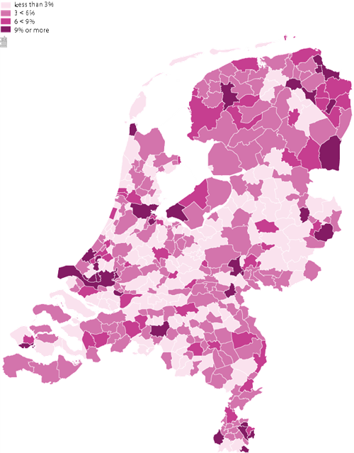 Share of children raised on income support benefits in the total number of minors per municipality, 1 January 2014