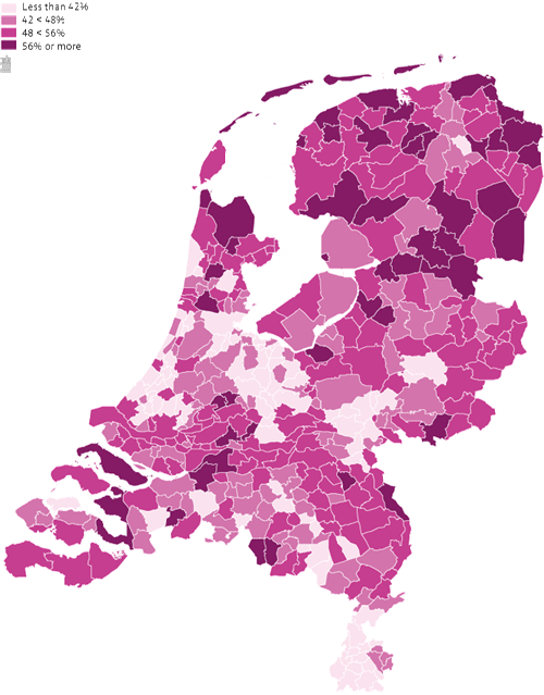 Percentage share of 15-year-olds attending pre-vocational secondary education (vmbo) by municipality of residence, 2014/’15*