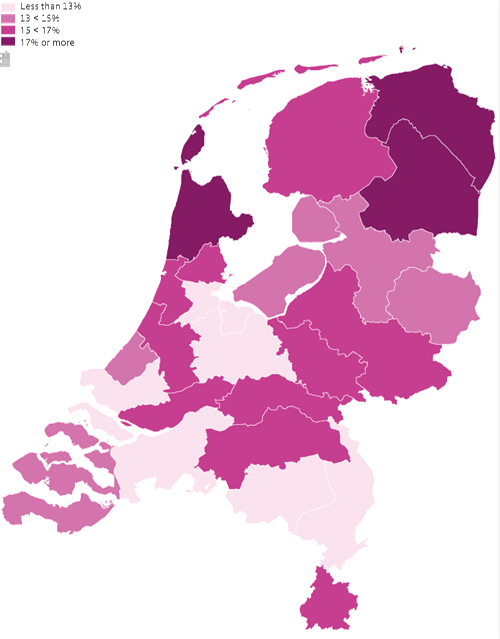 Young people (12 to 20 yrs) who smoke by municipal health service region, 2010/2014