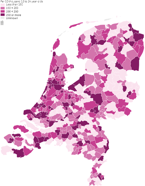 Share of registered suspects in every 10 thousand young people (12 to 25 yrs) by municipality, 2014