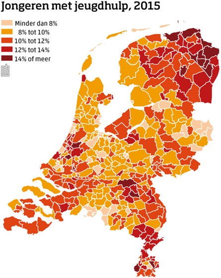 Kaart van Nederland die per gemeente het aandeel jongeren laat zien met jeugdhulp in 2015.