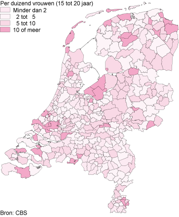 Aandeel tienermoeders (15 tot 20 jaar) per gemeente, 2012