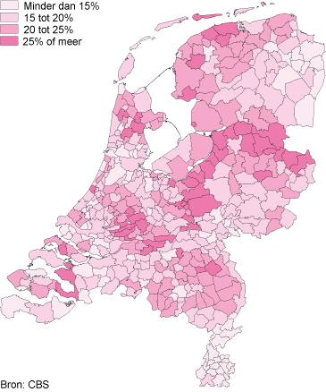 Aandeel gezinnen met 3 of meer thuiswonende kinderen (jongste kind 0 tot 25 jaar), 2011