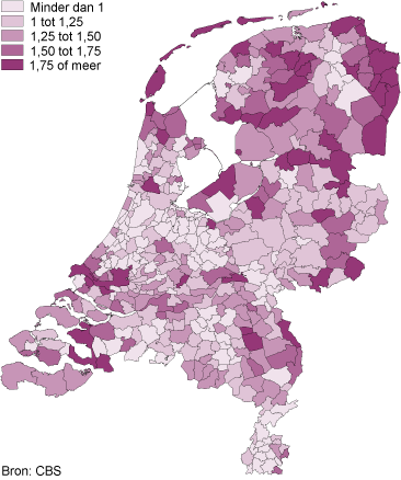 Aandeel 15-jarigen in het vmbo t.o.v. havo/vwo per gemeente in Nederland, 2010/’11*