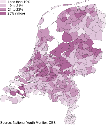 Share of 0-17-year-olds in total population per municipality, 1 January 2013