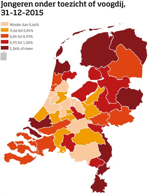 Kaart die laat zien dat er regionale verschillen bestaan in aandelen jongeren onder toezicht of voogdij.